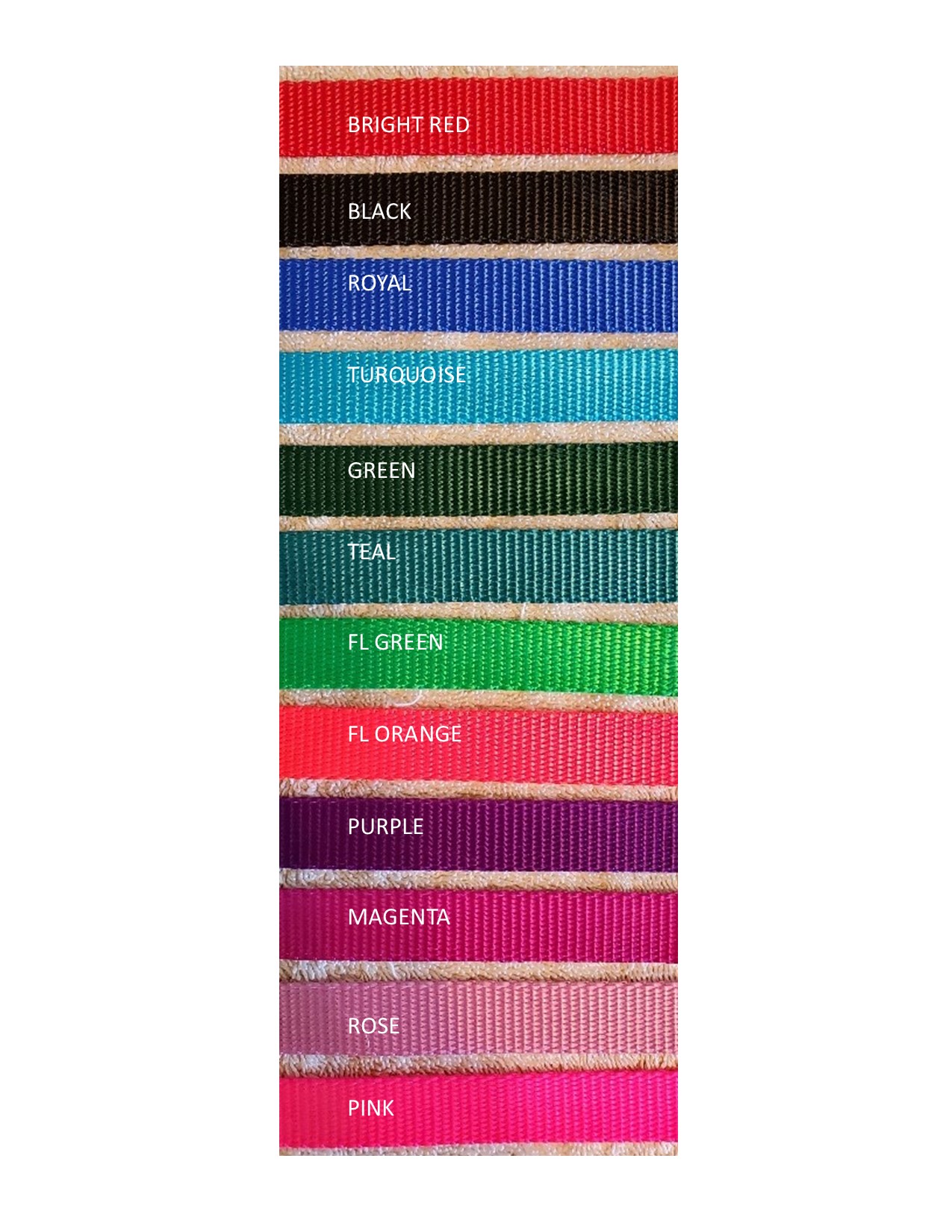 Fabric samples in multiple colors labeled