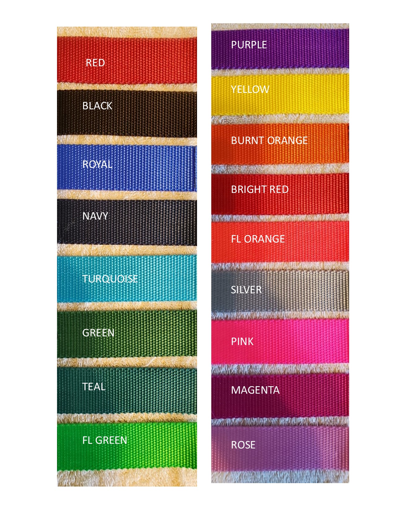 Textile color chart with names