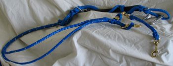 Blue climbing harness on white fabric