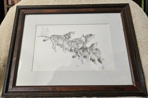 Wolf Pack Line Drawing Framed by June, Signed and numbered 3/25 1-10-83