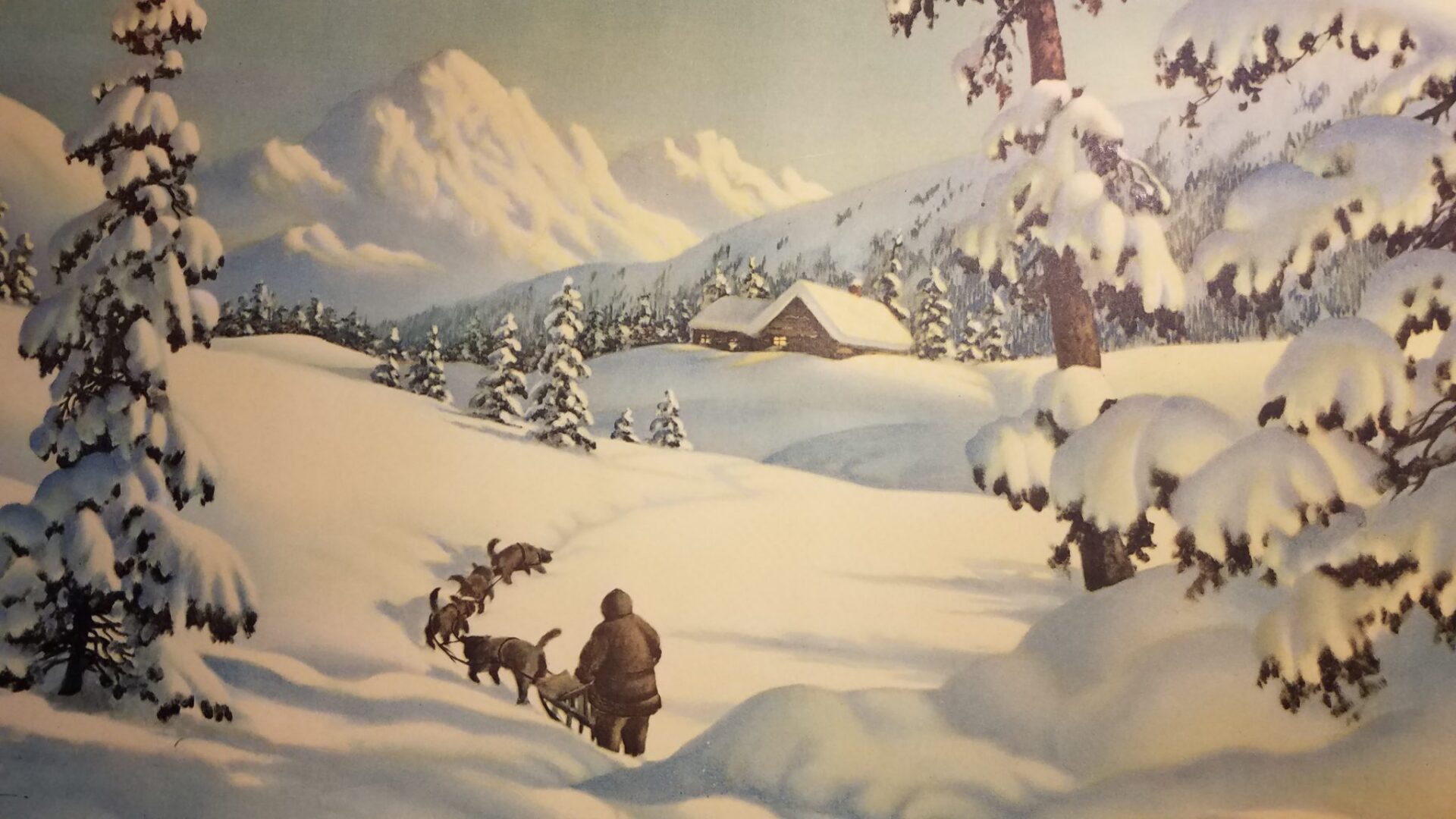 PRINT Frederick D Ogden Winter Country Lithograph w Snow Mountains Dogsled Husky 1940s